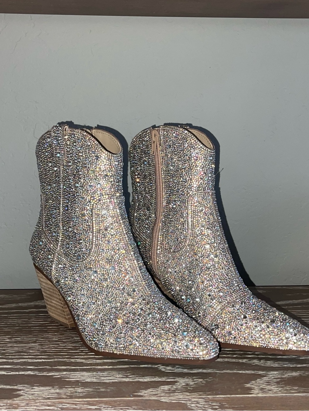 Betsey Johnson Crystal-Embellished Ankle Booties in Champagne